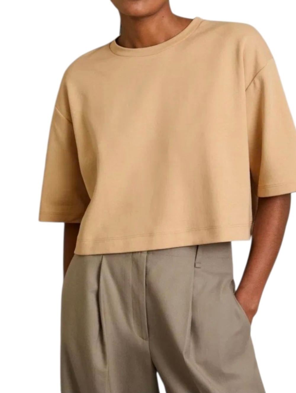 NWOT  REISS Alex Stretch-Cotton Cropped T-Shirt in Sand  Boxy Tee Beige Size XL